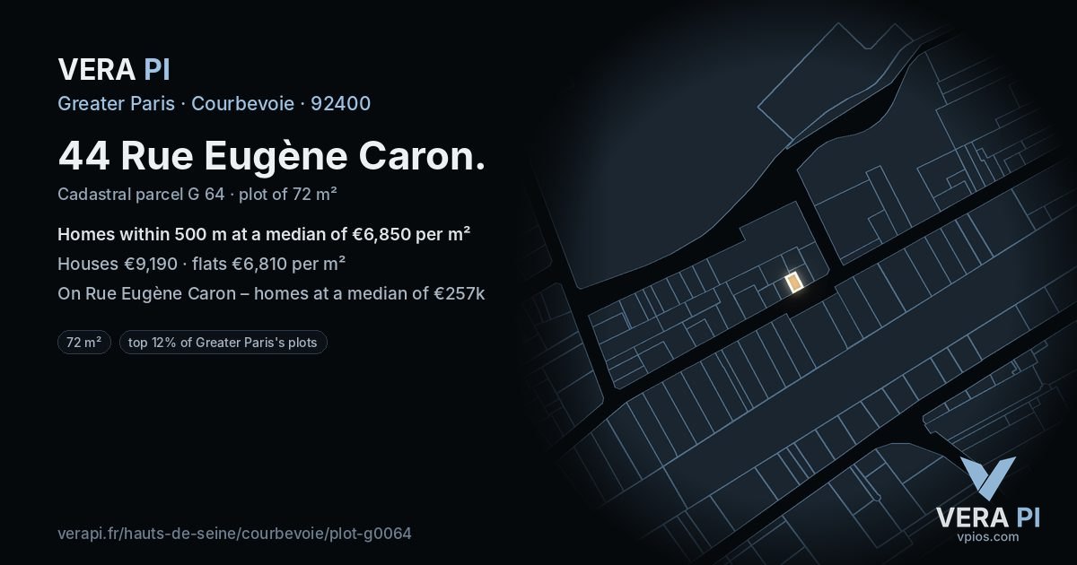 44 Rue Eugène Caron, Courbevoie at night – the plot lit, the parcels around coloured by the prices near them
