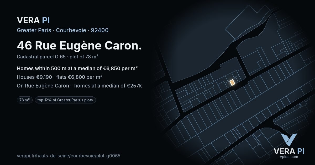 46 Rue Eugène Caron, Courbevoie at night – the plot lit, the parcels around coloured by the prices near them