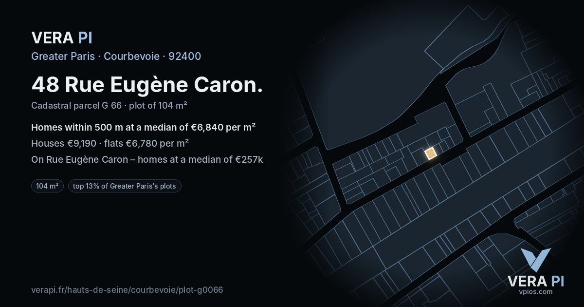 48 Rue Eugène Caron, Courbevoie at night – the plot lit, the parcels around coloured by the prices near them