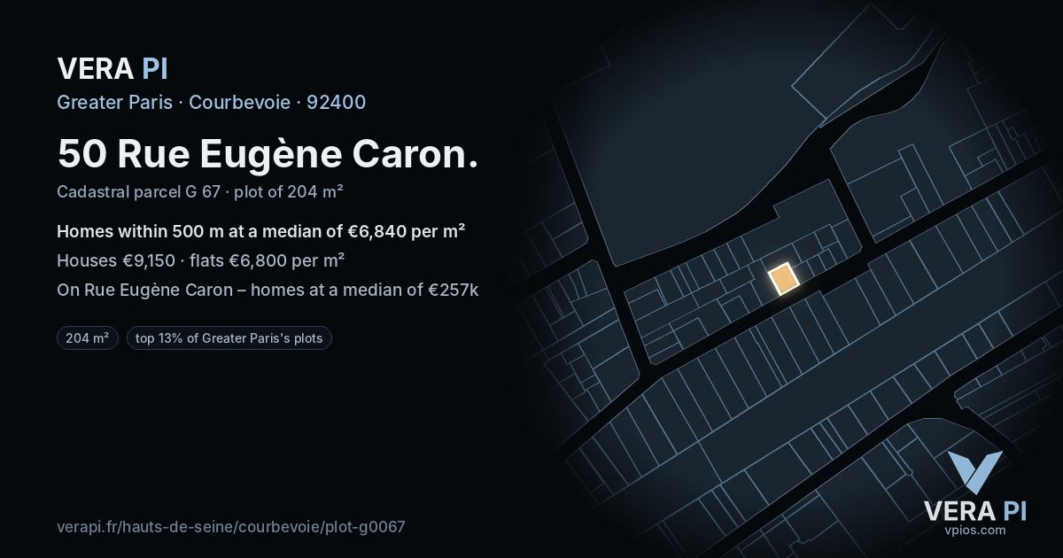 50 Rue Eugène Caron, Courbevoie at night – the plot lit, the parcels around coloured by the prices near them