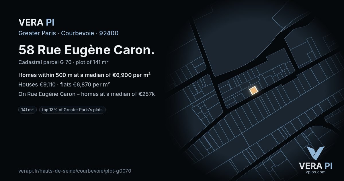 58 Rue Eugène Caron, Courbevoie at night – the plot lit, the parcels around coloured by the prices near them