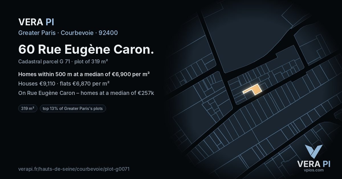 60 Rue Eugène Caron, Courbevoie at night – the plot lit, the parcels around coloured by the prices near them