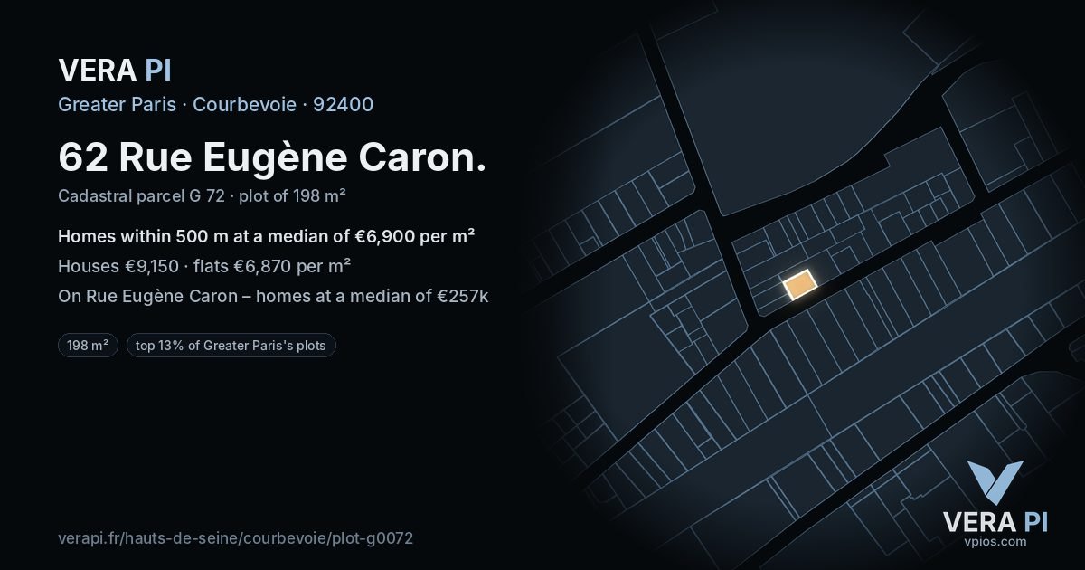 62 Rue Eugène Caron, Courbevoie at night – the plot lit, the parcels around coloured by the prices near them