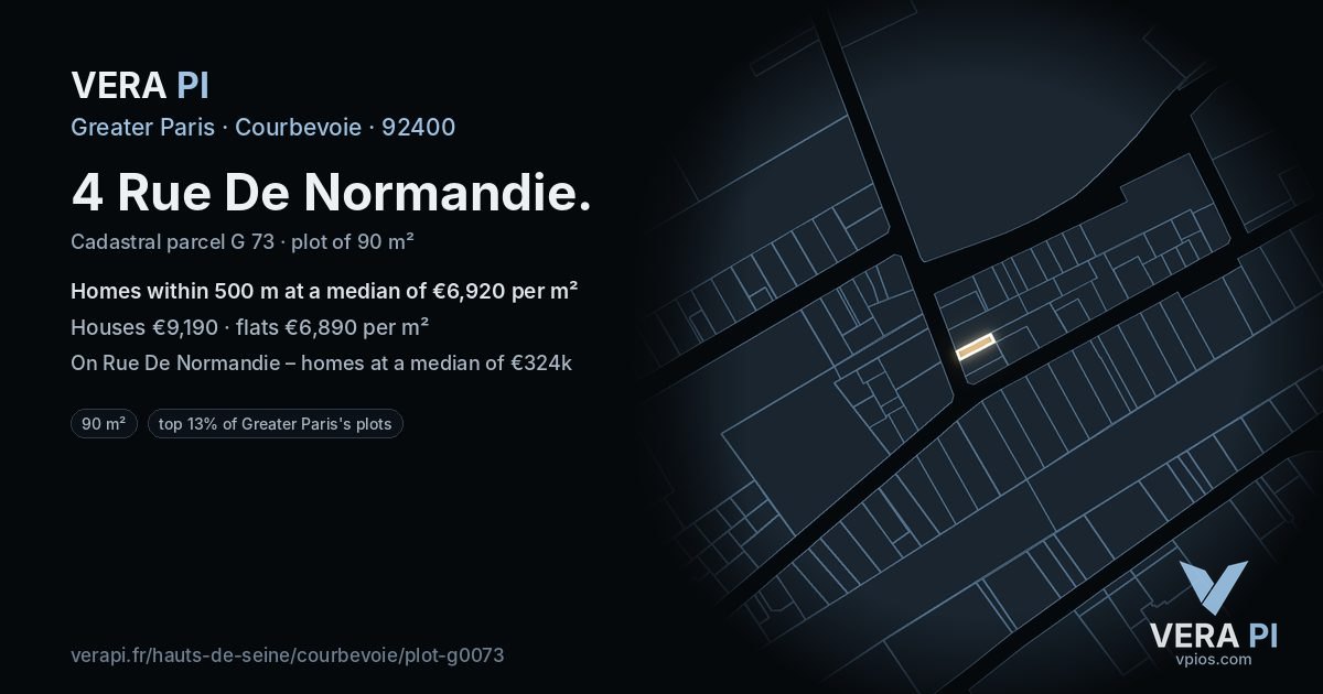 4 Rue De Normandie, Courbevoie at night – the plot lit, the parcels around coloured by the prices near them
