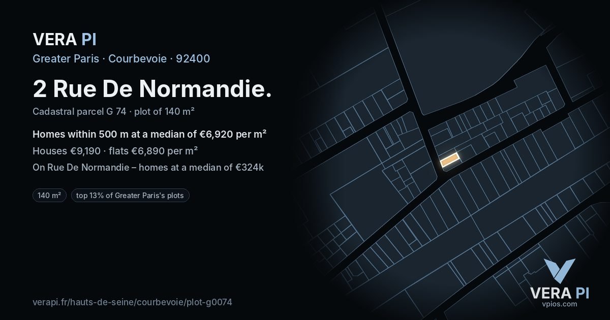 2 Rue De Normandie, Courbevoie at night – the plot lit, the parcels around coloured by the prices near them