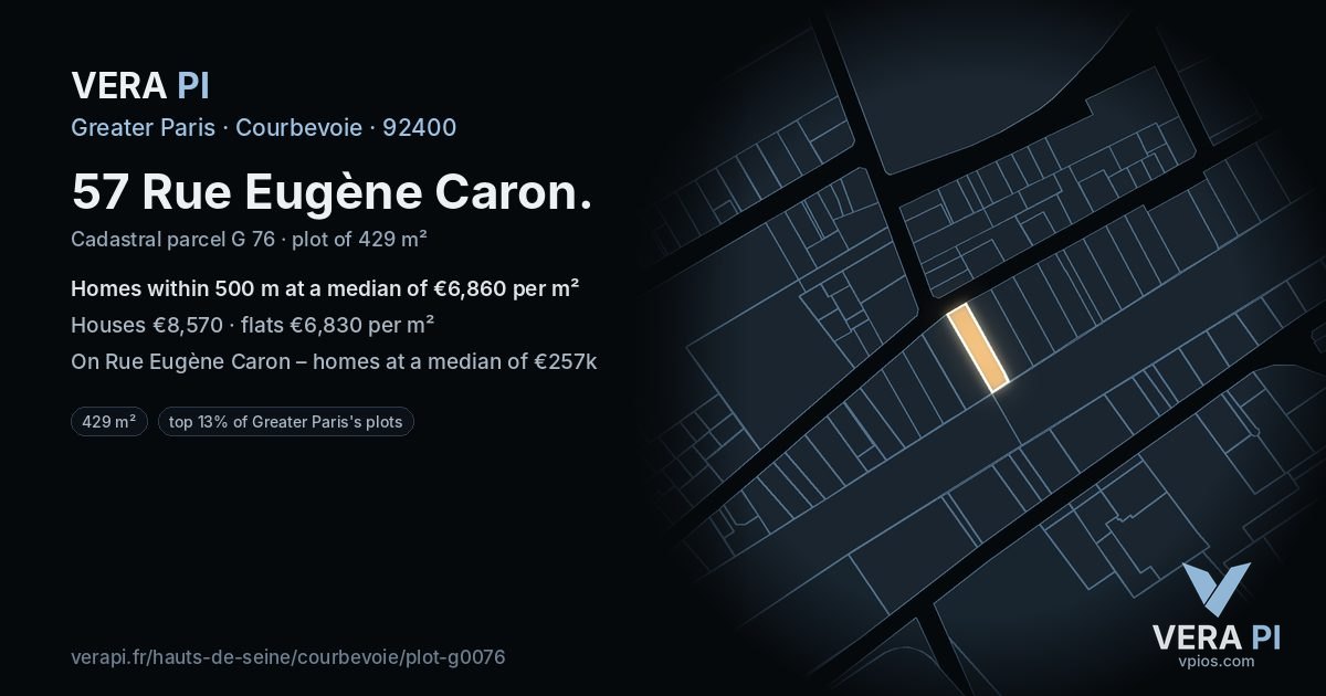 57 Rue Eugène Caron, Courbevoie at night – the plot lit, the parcels around coloured by the prices near them