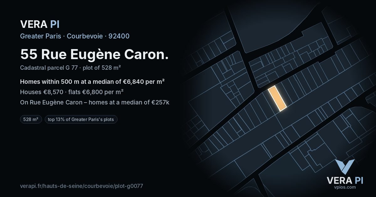 55 Rue Eugène Caron, Courbevoie at night – the plot lit, the parcels around coloured by the prices near them