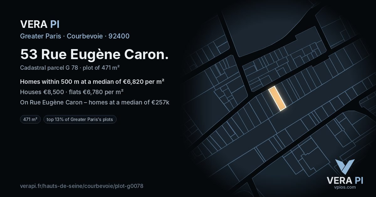 53 Rue Eugène Caron, Courbevoie at night – the plot lit, the parcels around coloured by the prices near them