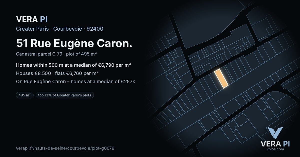 51 Rue Eugène Caron, Courbevoie at night – the plot lit, the parcels around coloured by the prices near them