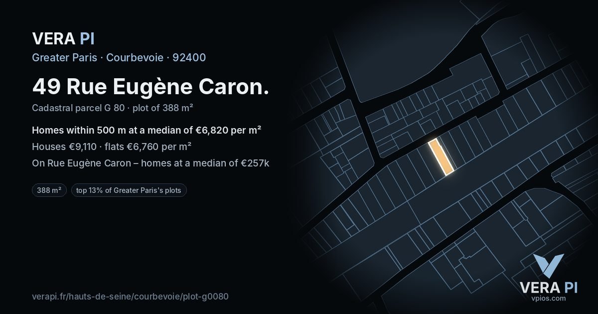 49 Rue Eugène Caron, Courbevoie at night – the plot lit, the parcels around coloured by the prices near them