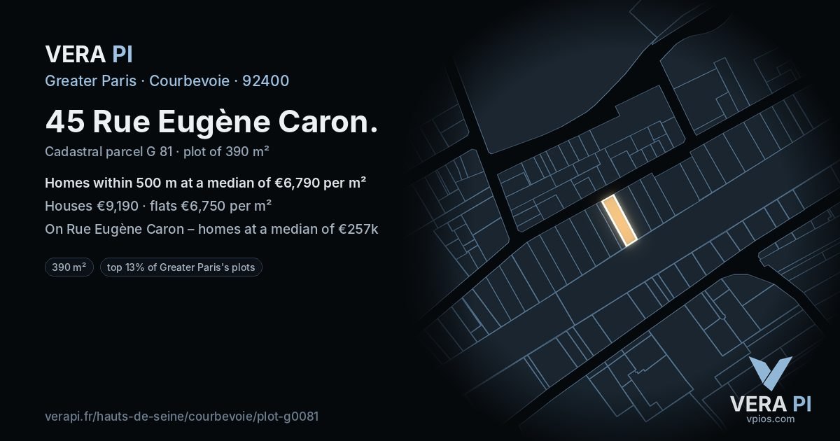 45 Rue Eugène Caron, Courbevoie at night – the plot lit, the parcels around coloured by the prices near them