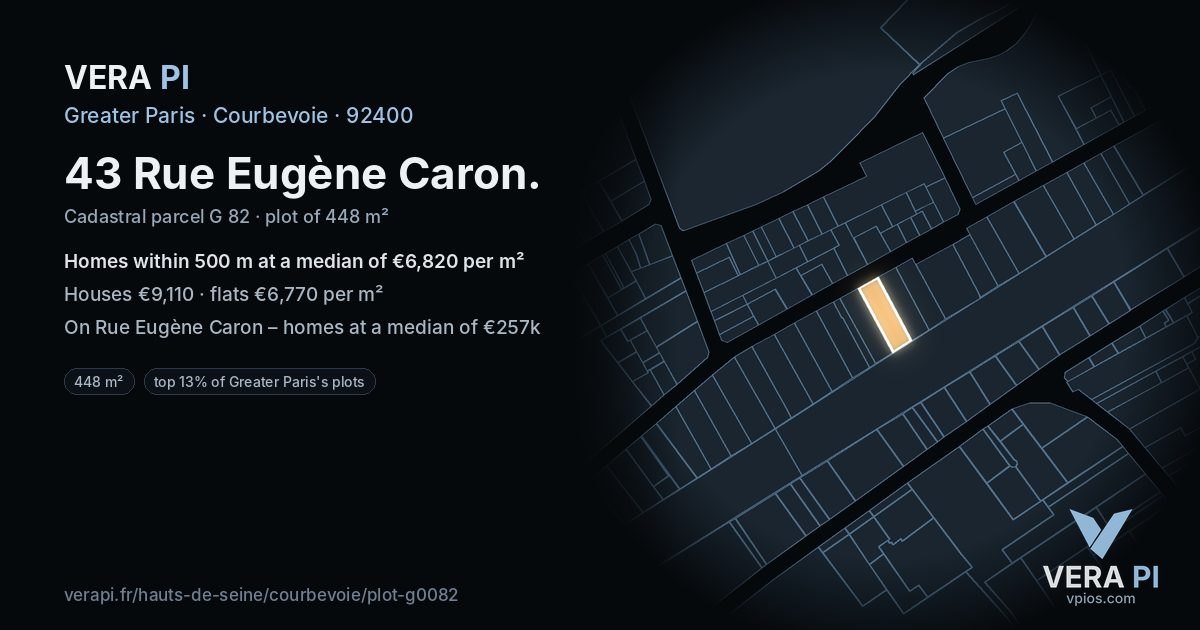 43 Rue Eugène Caron, Courbevoie at night – the plot lit, the parcels around coloured by the prices near them
