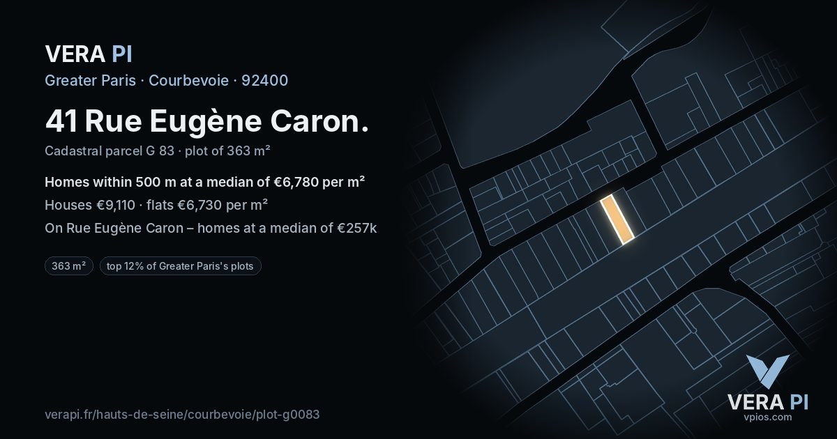 41 Rue Eugène Caron, Courbevoie at night – the plot lit, the parcels around coloured by the prices near them