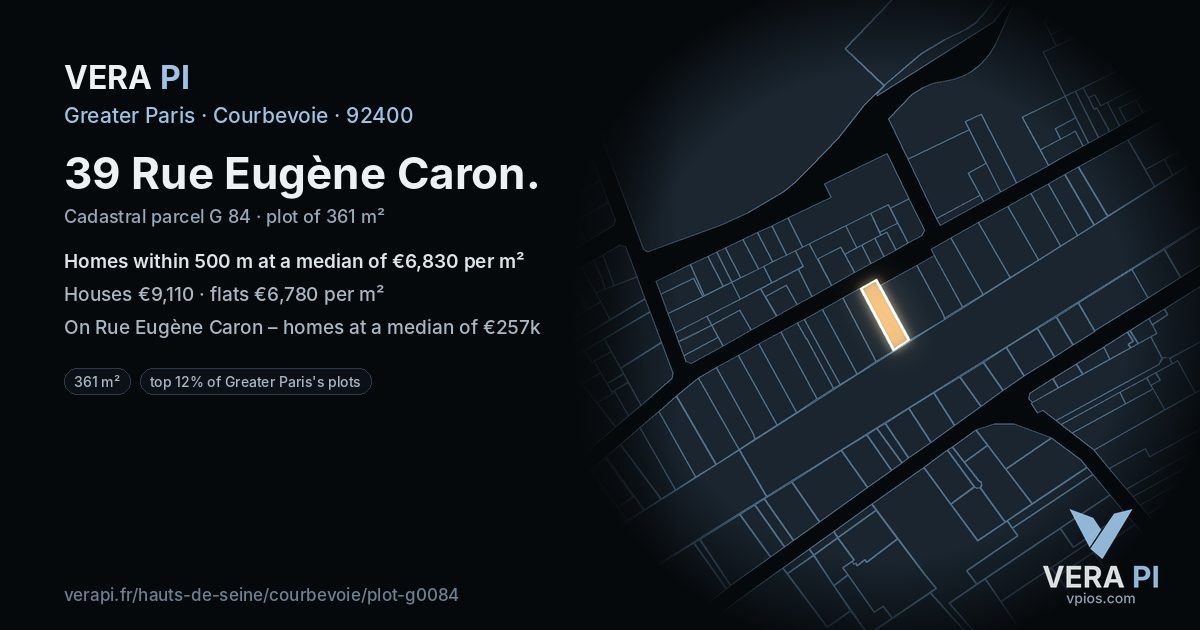 39 Rue Eugène Caron, Courbevoie at night – the plot lit, the parcels around coloured by the prices near them