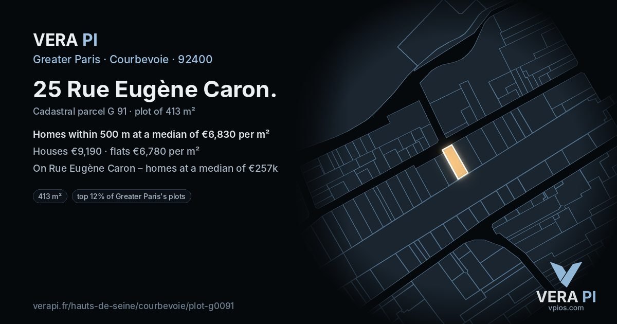 25 Rue Eugène Caron, Courbevoie at night – the plot lit, the parcels around coloured by the prices near them