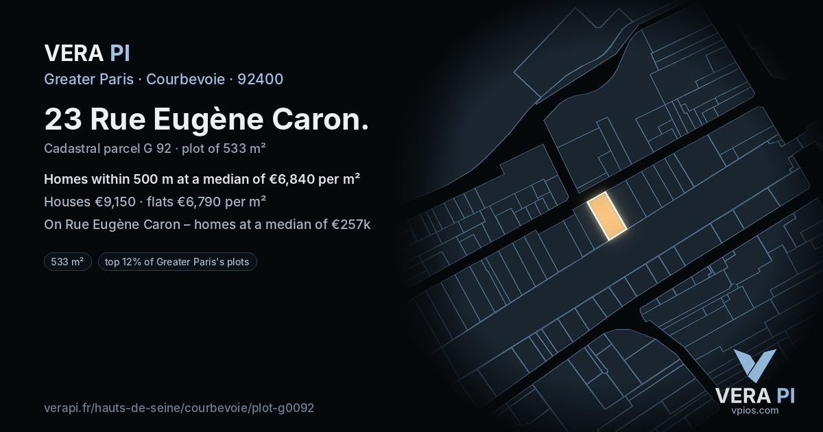 23 Rue Eugène Caron, Courbevoie at night – the plot lit, the parcels around coloured by the prices near them