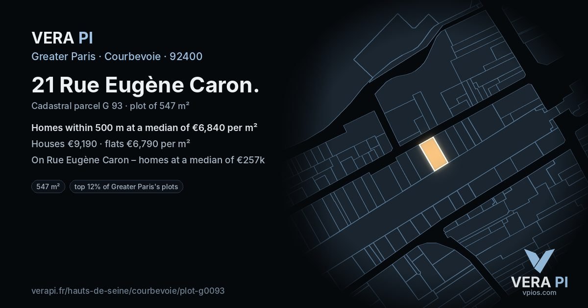 21 Rue Eugène Caron, Courbevoie at night – the plot lit, the parcels around coloured by the prices near them