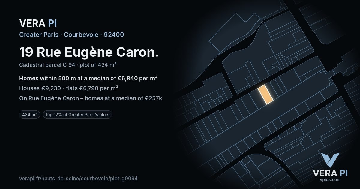 19 Rue Eugène Caron, Courbevoie at night – the plot lit, the parcels around coloured by the prices near them