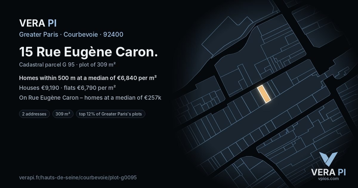 15 Rue Eugène Caron, Courbevoie at night – the plot lit, the parcels around coloured by the prices near them