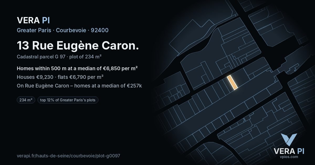 13 Rue Eugène Caron, Courbevoie at night – the plot lit, the parcels around coloured by the prices near them