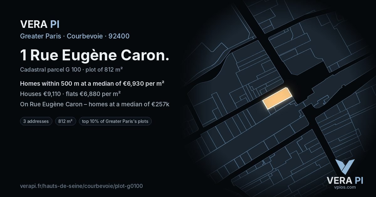 1 Rue Eugène Caron, Courbevoie at night – the plot lit, the parcels around coloured by the prices near them