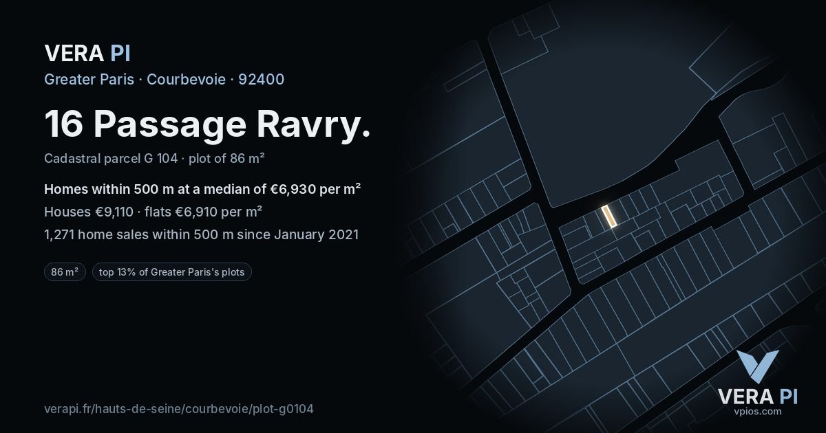 16 Passage Ravry, Courbevoie at night – the plot lit, the parcels around coloured by the prices near them