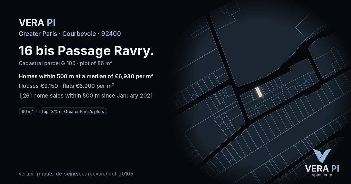 16 bis Passage Ravry, Courbevoie at night – the plot lit, the parcels around coloured by the prices near them