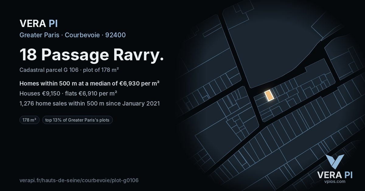 18 Passage Ravry, Courbevoie at night – the plot lit, the parcels around coloured by the prices near them