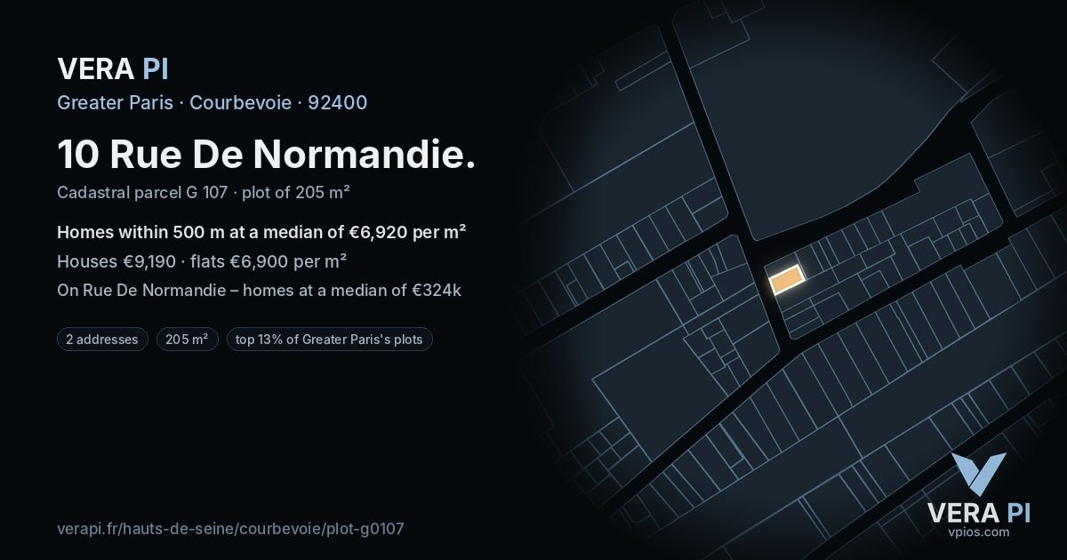 10 Rue De Normandie, Courbevoie at night – the plot lit, the parcels around coloured by the prices near them