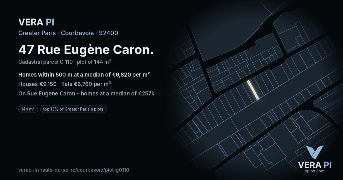 47 Rue Eugène Caron, Courbevoie at night – the plot lit, the parcels around coloured by the prices near them
