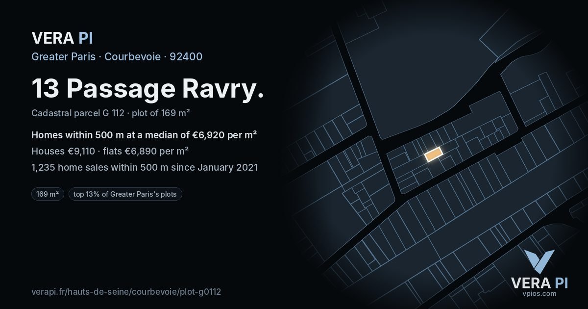 13 Passage Ravry, Courbevoie at night – the plot lit, the parcels around coloured by the prices near them