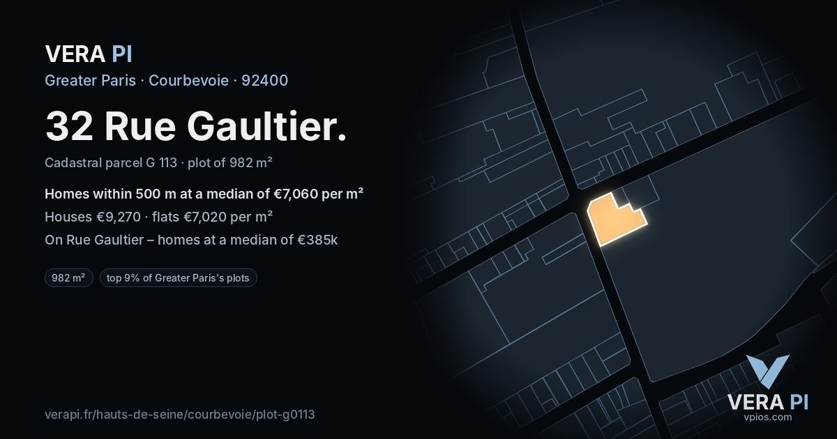 32 Rue Gaultier, Courbevoie at night – the plot lit, the parcels around coloured by the prices near them