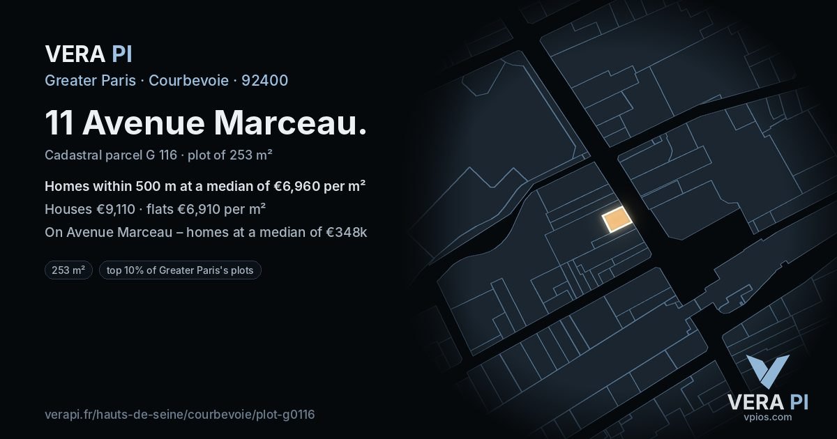 11 Avenue Marceau, Courbevoie at night – the plot lit, the parcels around coloured by the prices near them