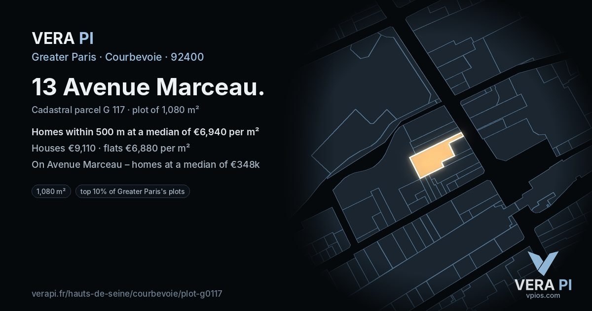 13 Avenue Marceau, Courbevoie at night – the plot lit, the parcels around coloured by the prices near them