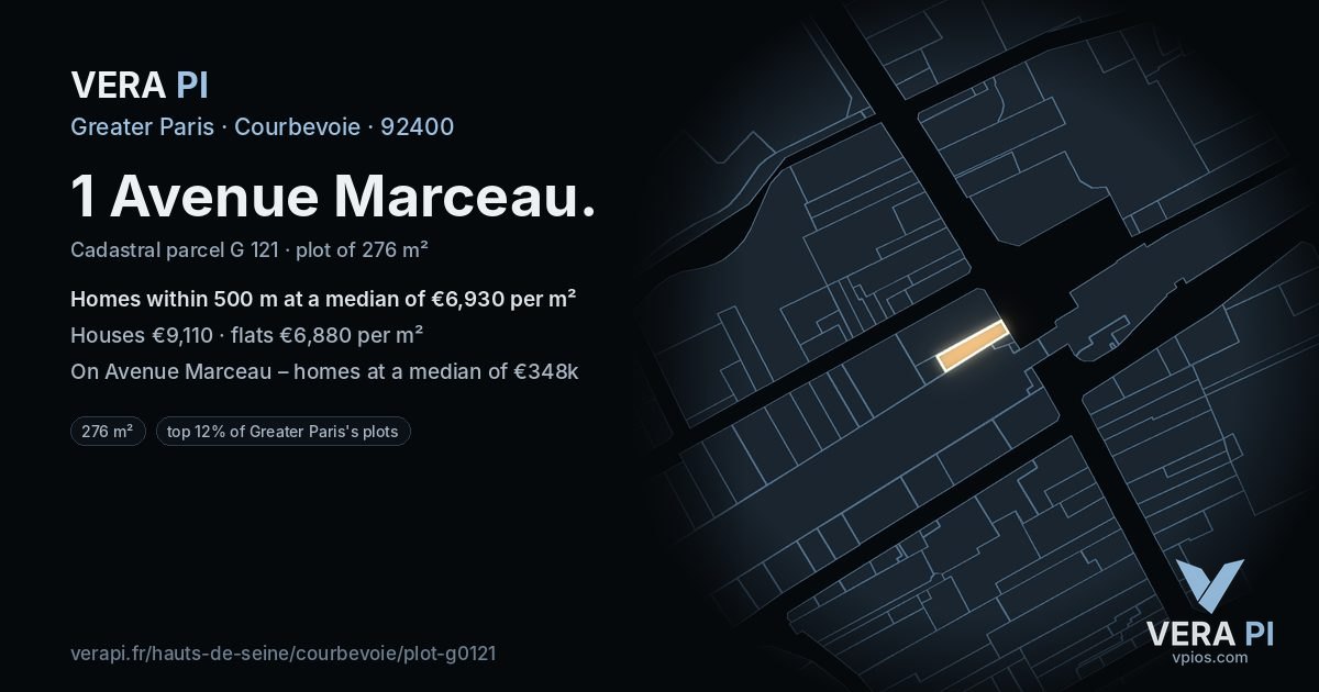 1 Avenue Marceau, Courbevoie at night – the plot lit, the parcels around coloured by the prices near them