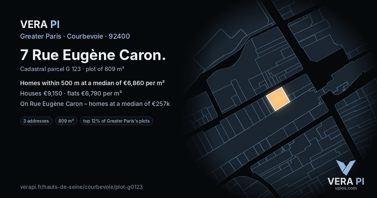 7 Rue Eugène Caron, Courbevoie at night – the plot lit, the parcels around coloured by the prices near them