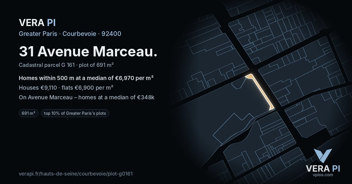 31 Avenue Marceau, Courbevoie at night – the plot lit, the parcels around coloured by the prices near them