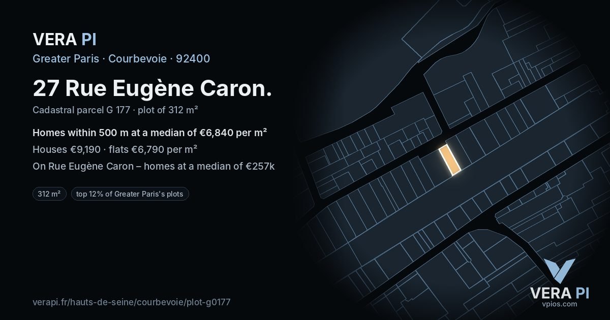 27 Rue Eugène Caron, Courbevoie at night – the plot lit, the parcels around coloured by the prices near them
