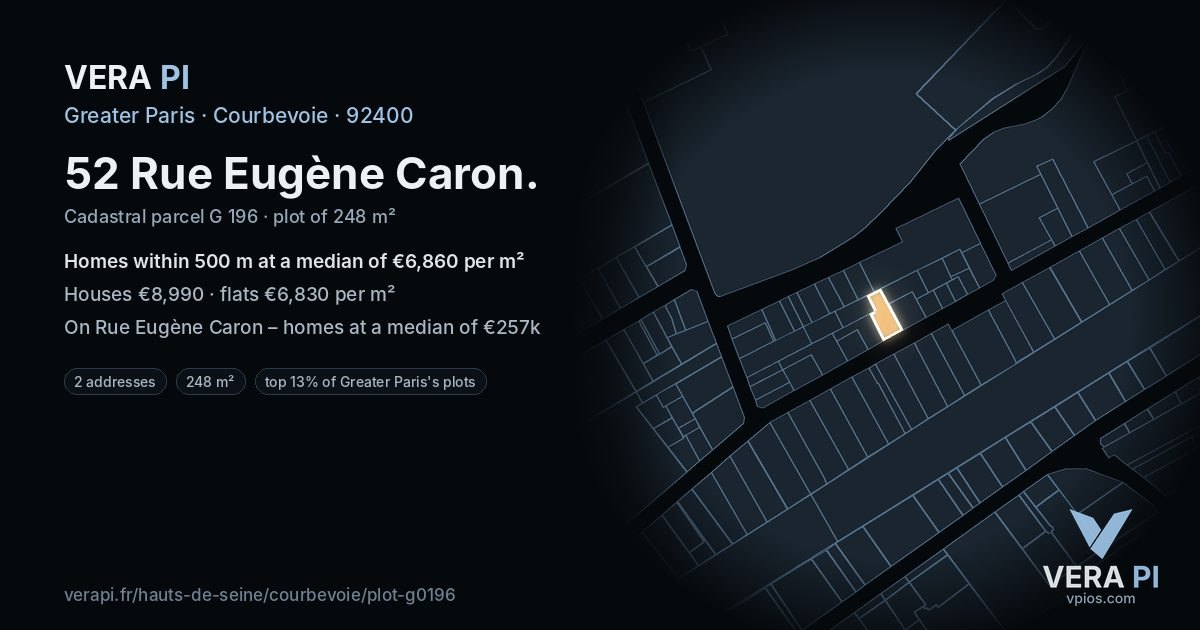 52 Rue Eugène Caron, Courbevoie at night – the plot lit, the parcels around coloured by the prices near them