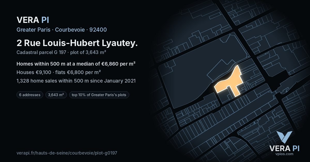 2 Rue Louis-Hubert Lyautey, Courbevoie at night – the plot lit, the parcels around coloured by the prices near them