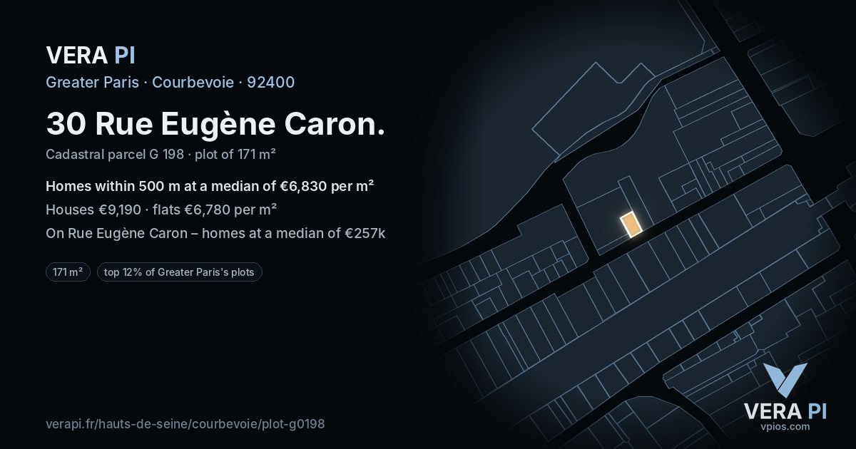 30 Rue Eugène Caron, Courbevoie at night – the plot lit, the parcels around coloured by the prices near them