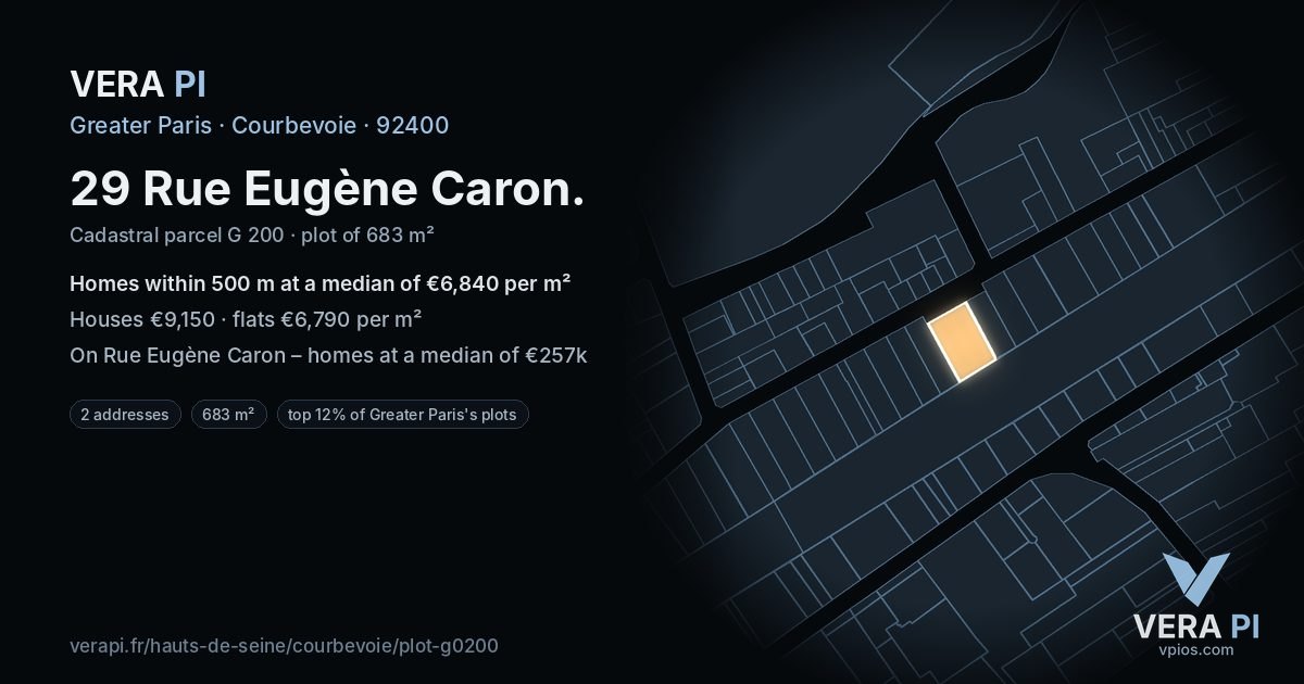 29 Rue Eugène Caron, Courbevoie at night – the plot lit, the parcels around coloured by the prices near them