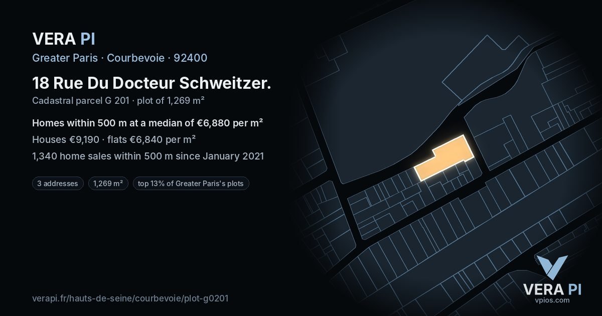 18 Rue Du Docteur Schweitzer, Courbevoie at night – the plot lit, the parcels around coloured by the prices near them