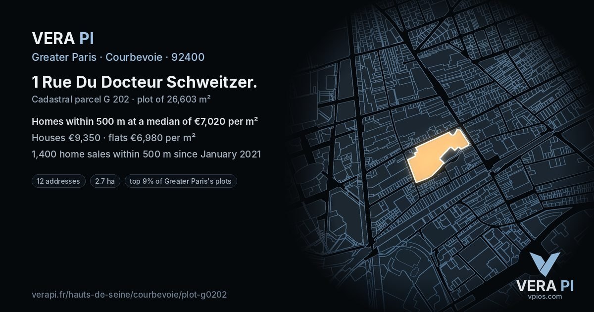 1 Rue Du Docteur Schweitzer, Courbevoie at night – the plot lit, the parcels around coloured by the prices near them