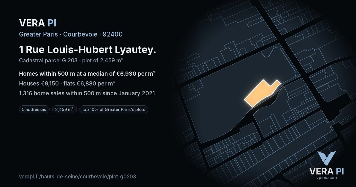 1 Rue Louis-Hubert Lyautey, Courbevoie at night – the plot lit, the parcels around coloured by the prices near them