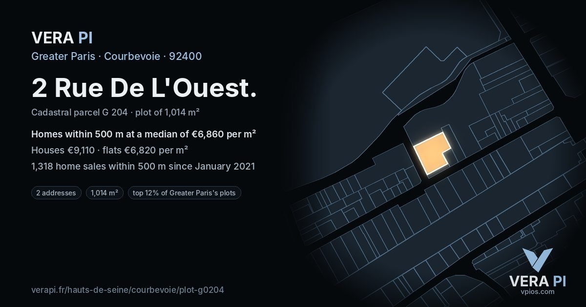 2 Rue De L'Ouest, Courbevoie at night – the plot lit, the parcels around coloured by the prices near them