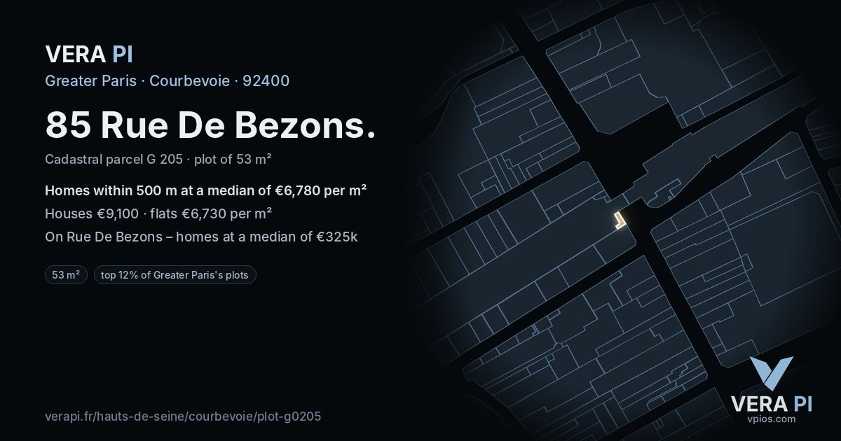 85 Rue De Bezons, Courbevoie at night – the plot lit, the parcels around coloured by the prices near them