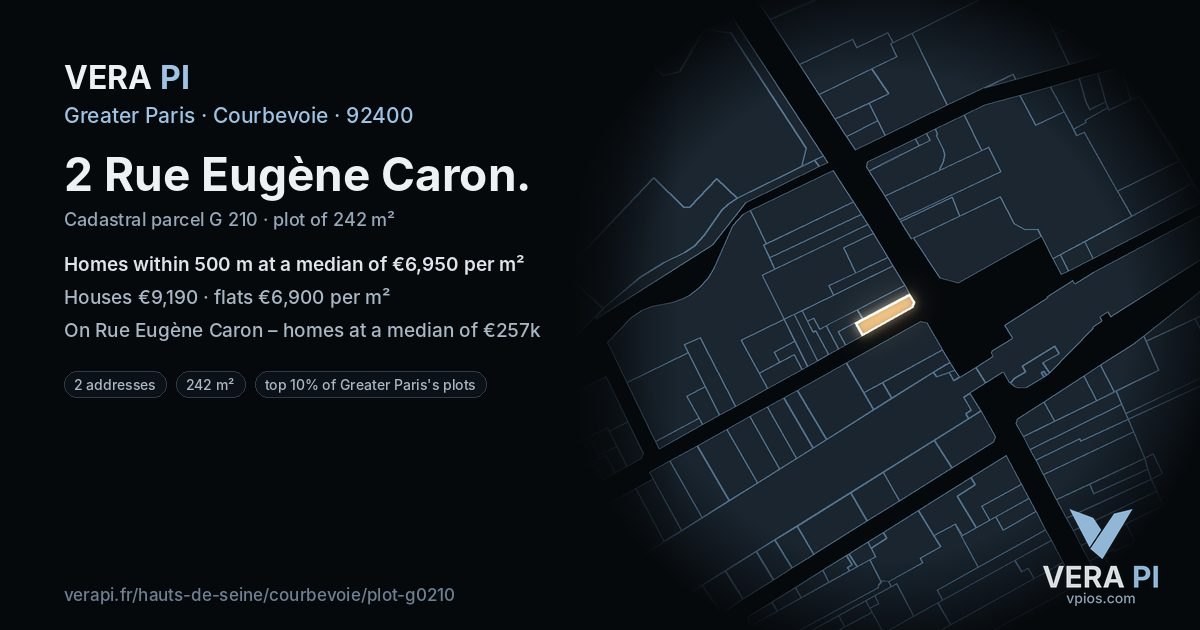 2 Rue Eugène Caron, Courbevoie at night – the plot lit, the parcels around coloured by the prices near them