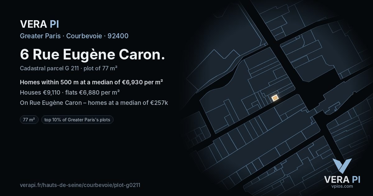6 Rue Eugène Caron, Courbevoie at night – the plot lit, the parcels around coloured by the prices near them