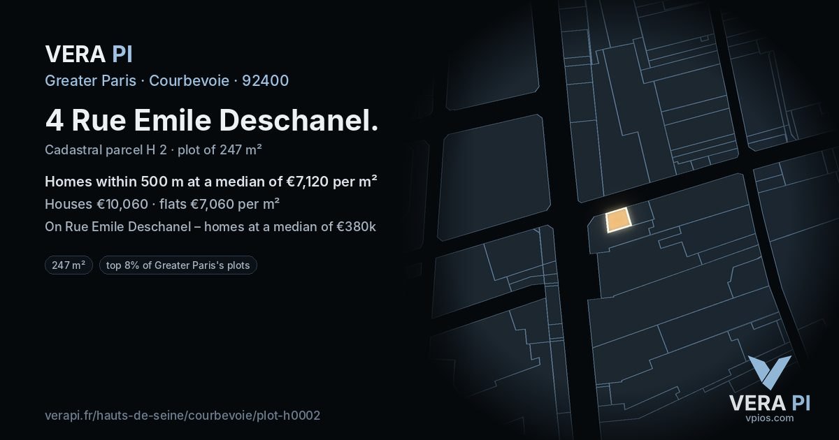 4 Rue Emile Deschanel, Courbevoie at night – the plot lit, the parcels around coloured by the prices near them